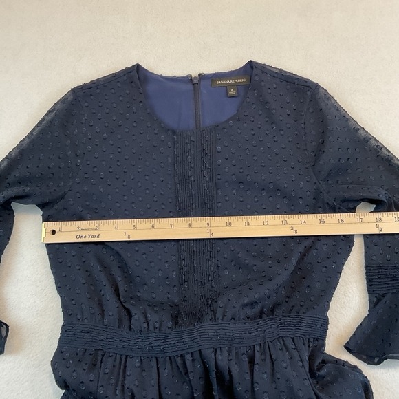 Banana Republic Dress Womens 2 Navy Blue 3/4 Sleeve Tucks Ruffles Sheer Lined - Picture 8 of 12